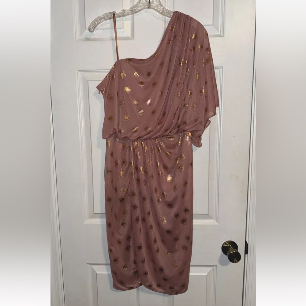 Adrianna Papell One-Shoulder Dusty Rose Dress with Gold Foil